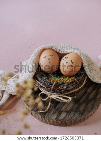 Cute eggs inside bird nest and covered with blanket. . Selective focus