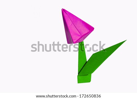 Origami pink flower, tulip, isolated on white