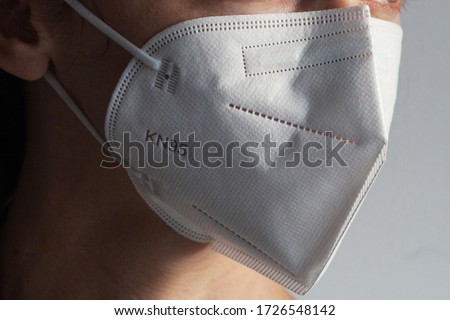Young woman wearing KN-95 protection medical mask. Prevention of the spread of virus and epidemic, protective mouth filter mask. Diseases, flu, air pollution, corona virus concept Royalty-Free Stock Photo #1726548142