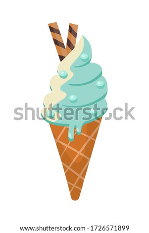 Waffle cone ice cream flat illustration. Delicious creamy dessert, summer delicacy, refreshment. Sweet fruit flavored dairy with caramel sticks. Quick snack, fast food, street meal. Raster copy