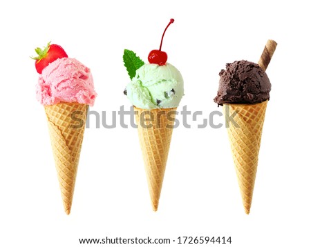Ice cream cone assortment isolated on a white background. Strawberry, mint and dark chocolate in waffle cones.