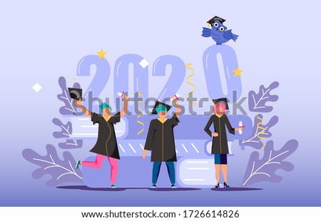 Graduated concept 2020 year, tiny students wearing academic gown and graduation cap celebrate graduation. A stack of textbooks and an owl in the background. Flat Art Rastered Copy