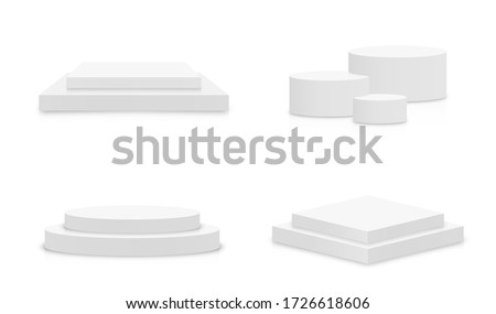 White 3d podium mockup in different shapes. Set of empty stage or pedestal mockups isolated on white background. Podium or platform for award ceremony and product presentation. Vector Royalty-Free Stock Photo #1726618606