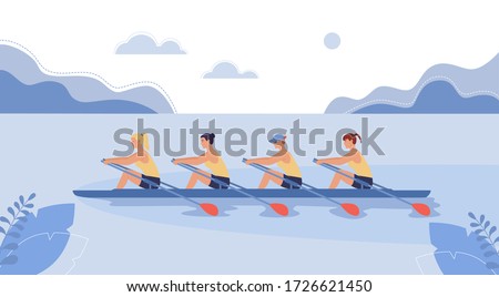 Four female athletes are swimming on a boat. The concept of rowing competitions. Vector illustration in flat design style. Royalty-Free Stock Photo #1726621450