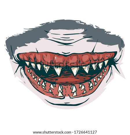 Scary fanged jaws of shark. Horror mask print illustration