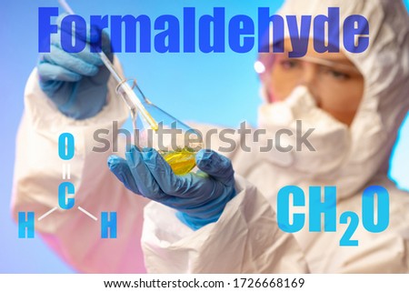 Caution when handling formaldehyde. Toxic colorless gas. Formaldehyde as a toxic substance. Carcinogen. Types of gases. Use of formaldehyde for the production of other chemicals.  Royalty-Free Stock Photo #1726668169