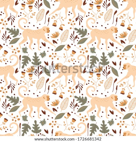 Jungle Vector Seamless Pattern with Monkey Walking Among Flora. Rainforest Flora and Fauna Design for Wallpapers and Textile
