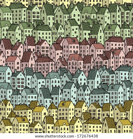 Rainbow City seamless pattern is repetitive texture with hand drawn houses. Illustration is in eps8 vector mode.