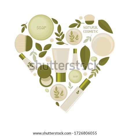 Heart of Natural skin care products in green with flying leaves and liquid on white background. Lovely clip art. Flat illustration.