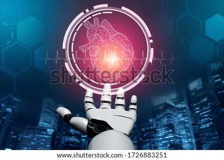 3D rendering medical artificial intelligence robot working in future hospital. Futuristic prosthetic healthcare for patient and biomedical technology concept.