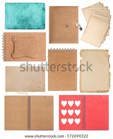 set of various old paper sheets and ring books. pages, cards, pieces isolated on white background