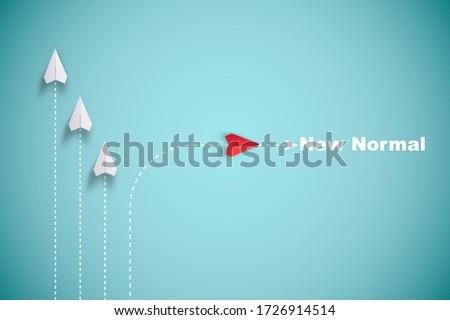 Red paper plane out of line with white paper to change disrupt and finding new normal way on blue background. Lift and business creativity new idea to discovery innovation technology. Royalty-Free Stock Photo #1726914514