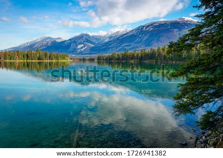 Calm clear lake water with rocks, pine tree in foreground, white clouds on a blue sky, snow-capped rocky mountains and tree-lined shore reflection in the lake.                              Royalty-Free Stock Photo #1726941382