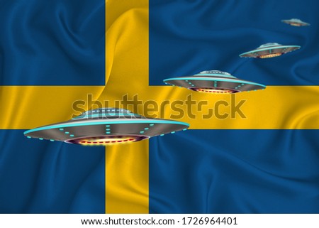Waving flag of Sweden. UFO group on the background of the flag. UFO news concept in the country. 3D rendering