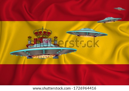 Waving flag of Spain.  UFO group on the background of the flag. UFO news concept in the country. 3D rendering