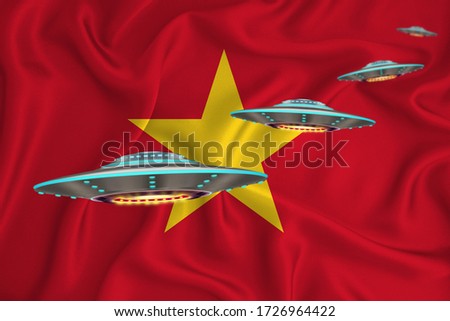 Waving flag of Vietnam. UFO group on the background of the flag. UFO news concept in the country. 3D rendering