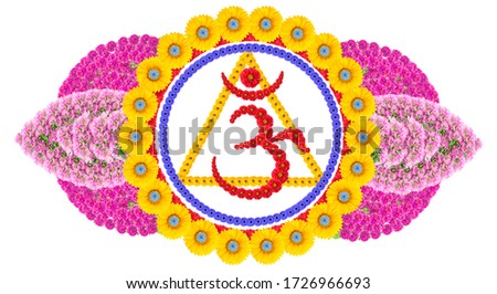 Image of ajna chakra in late hindu tradition. Inside the two-petalled lotus there is a circle, a triangle, an OM mantra and lingas. Isooated floral collage