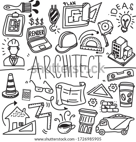 Architect Doodle Profession Line Icon Sketch, Construction Doodle Icon, Hand Made Vector Art, Architect Stuffs business concept