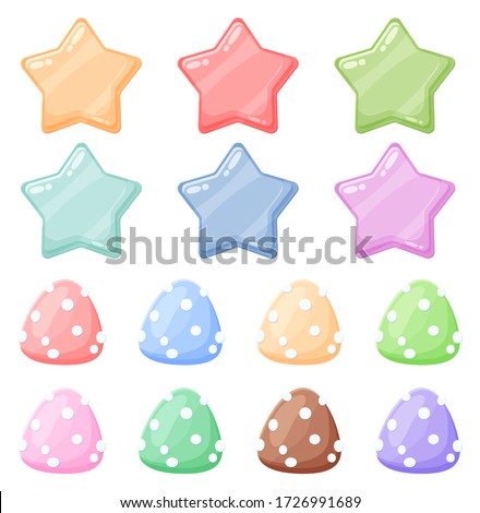 Set of cartoon colorful glossy stars and candies shiny icons. Stock game assets juicy elements. Vector game clip art isolated on white