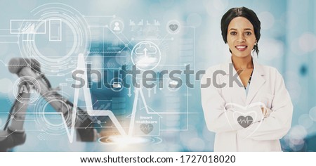 black woman doctor smiling,medical icon and hospital background,futuristic smart healthcare and robot arm medical technology concept,control by artificial intelligence and counseling hospital to house