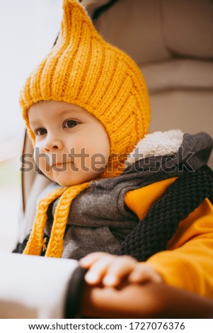 Cute one-year-old boy in a stroller playing