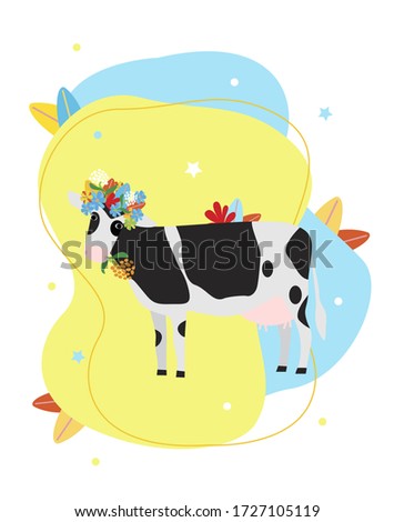 Vector illustration of a cow with flowers on the head on the colorful flower background. Domestic animal illustration. Farm collection