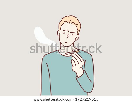 male hand holding a cigarette. serious man with no smoking sign. Hand drawn style vector design illustrations.