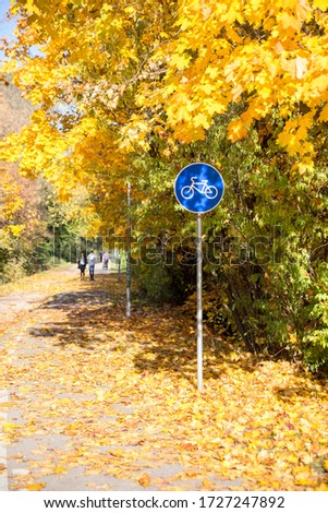 Bicycle path blue road sign. Bright sunshine during the autumn season and leaves on a ground. 