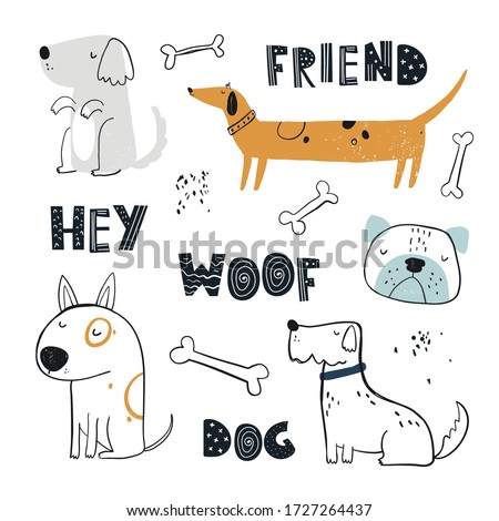 Vector hand-drawn color childish simple set with cute dogs, bones and lettering in Scandinavian style on a white background. Set with dogs for kids. Dogs print. Cute baby animals.
