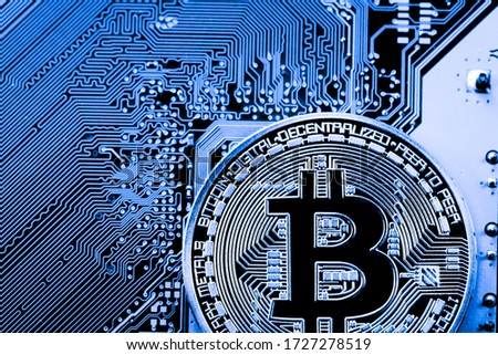 close up of Bitcoin money mining connect Internet Network 