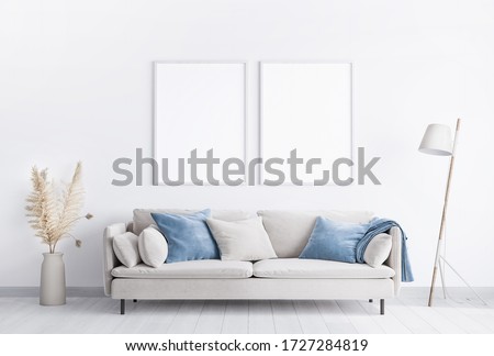 simple interior design of living room in beige and blue colors on white background, trendy home accessories , 3d render, 3d illustration