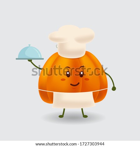 Vector mascot illustration_cute pumpkin wearing chef hat and apron serving food_in isolated background