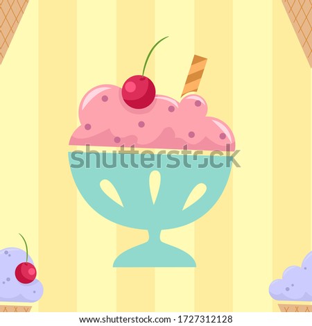 Seamless Background Illustration of Ice Cream on Bowl with Cherry and Chocolate Stick