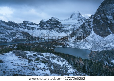 The Landscape of Mount Assiniboine, so called, The Matterhorn of the Rockies, British Columbia, Canada. Beautiful picture of a mountain in wilderness in Fall season.