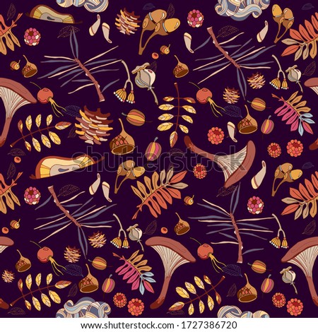 Autumn seamless pattern. Dark background. Mushrooms and fall leaves, hand drawn vector