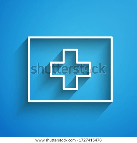 White line First aid kit icon isolated on blue background. Medical box with cross. Medical equipment for emergency. Healthcare concept. Long shadow. Vector Illustration