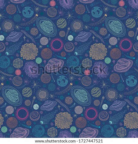 Space doodles set. Sketch space planets, hand drawn. vector pattern