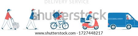 Courier delivering service. Order from an online store, deliveryman carring the box, riding the bike, driving the scooter. Vector illustration doodles, thin line art sketch style conceptc