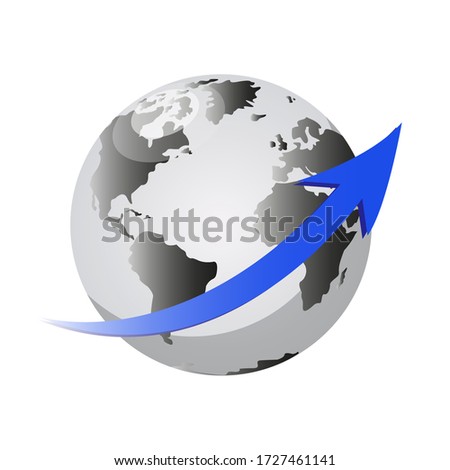 Earth in black and white with one blue arrow on a white background in vector graphics