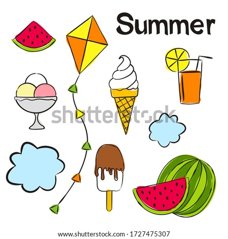Time of year - Summer. Elements for seasonal calendar. Hand-drawn ice cream, watermelon, lemonade, kite and clouds.  Vector illustration in doodle style for yearbooks and calendars.