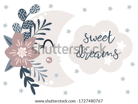 cute poster with moon and flower - vector illustration, eps
