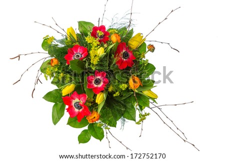 a colorful bouquet of spring flowers on a white background.