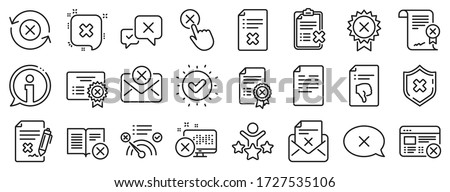 Set of Decline certificate, Cancellation and Dislike icons. Reject or cancel line icons. Refuse, Reject stamp, Disapprove or cancel. Wrong agreement, delete certificate, checklist document. Vector Royalty-Free Stock Photo #1727535106