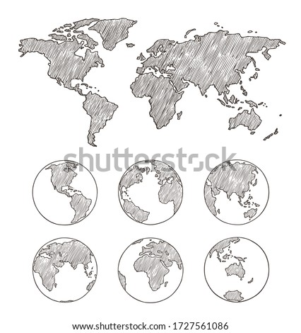 Sketch globe and world map.Vector hand drawn illustration. Earth planet with continents,islands and oceans. Royalty-Free Stock Photo #1727561086