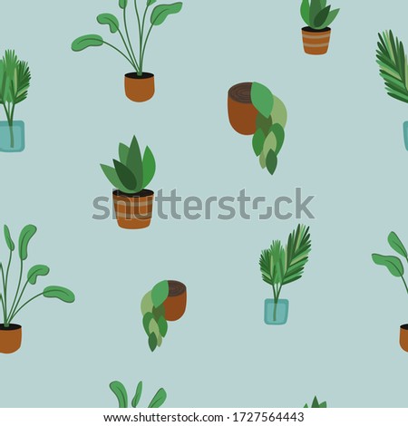 Vector illustration with variety of houseplants in colorful pots and vases. Seamless pattern in simple flat style. Design for wallpaper, wrapping paper, textile. 