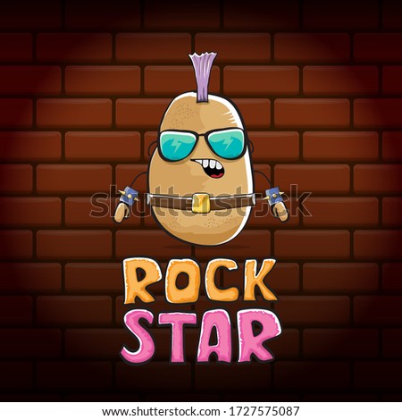 vector funny cartoon cute brown punk rock star potato character with Iroquois isolated on brick wall  background. ROck star vector concept print. rock n rock hipster vegetable funky character