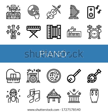 piano icon set. Collection of DJ, Bass guitar, Piano, Cello, Accordion, Harp, Music, Drum set, Drum kit, Banjo, Drum, Conga icons