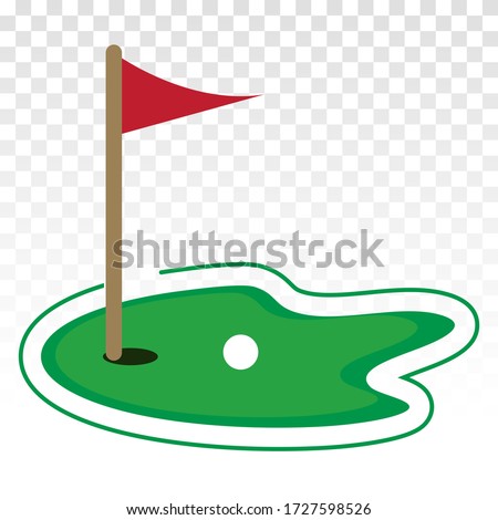 Green golf course with flag or flagstick and golf ball flat vector icon for sport apps and websites