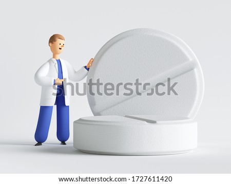 3d render. Doctor cartoon character is standing near the big pills. Medical healthcare concept. Pharmaceutical clip art isolated on white background.