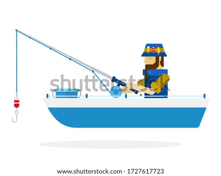 Fisherman in a panama hatches a fish with a fishing rod in a boat Fishing vector icon flat isolated.